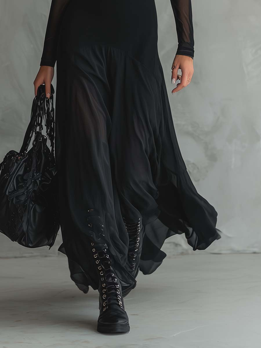 NERO™ | Vestido largo holgado de encaje negro