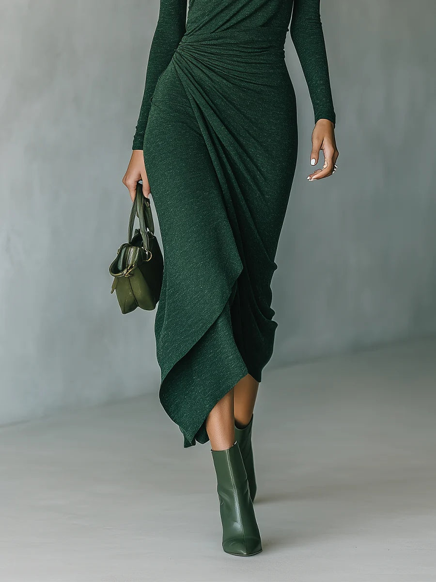 LENOR™ | Vestido largo asimétrico de color verde oscuro
